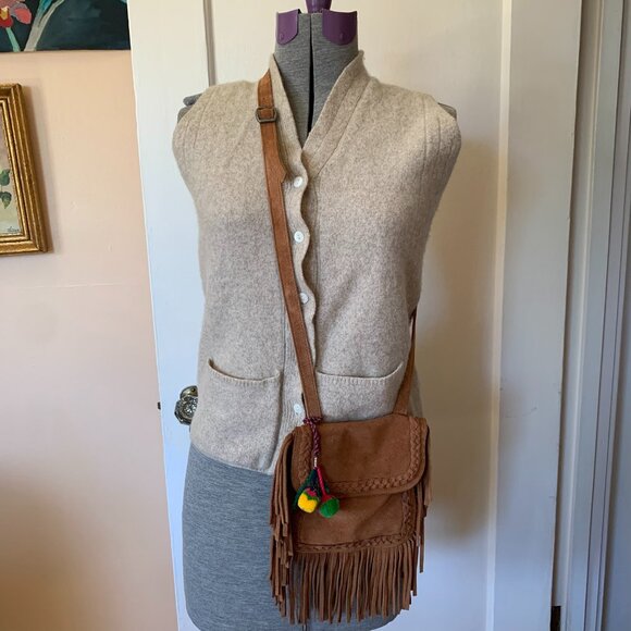 ZARA Cognac Brown Suede Leather Fringe Braide Pompom Western Boho Crossbody Bag - Picture 1 of 9